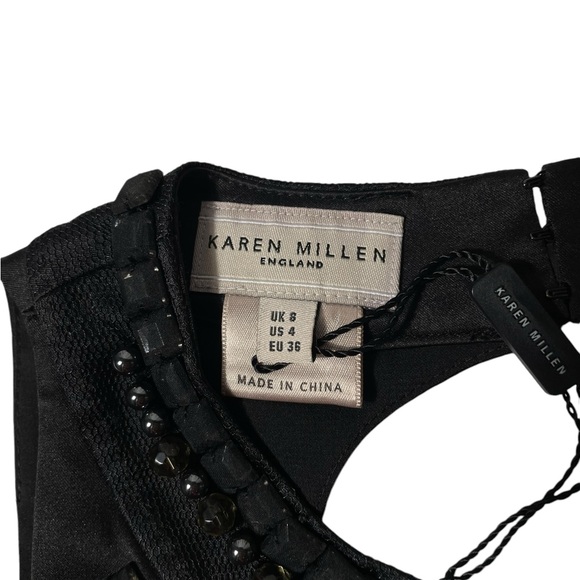Karen Millen Black Dress Sz 4 Silk Satin Beaded Sleeveless Knee Length Cocktail - Picture 6 of 7